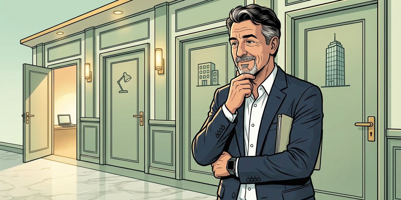 un consultant, dossier sous le bras, se tient dans un couloir face à quatre portes de taille croissante, marquées d'un ordinateur portable, d'une lampe de bureau, d'un petit immeuble et d'une grande tour. La plus petite porte, derrière lui, est entrouvert