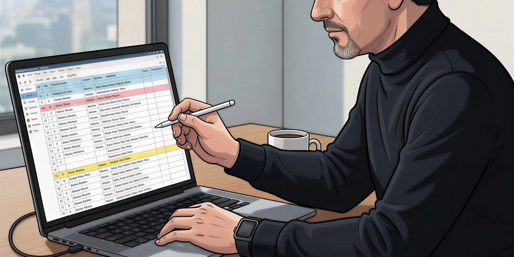 Consultant indépendant suivant ses prospects dans un tableur, carnet de relances ouvert sur le bureau.