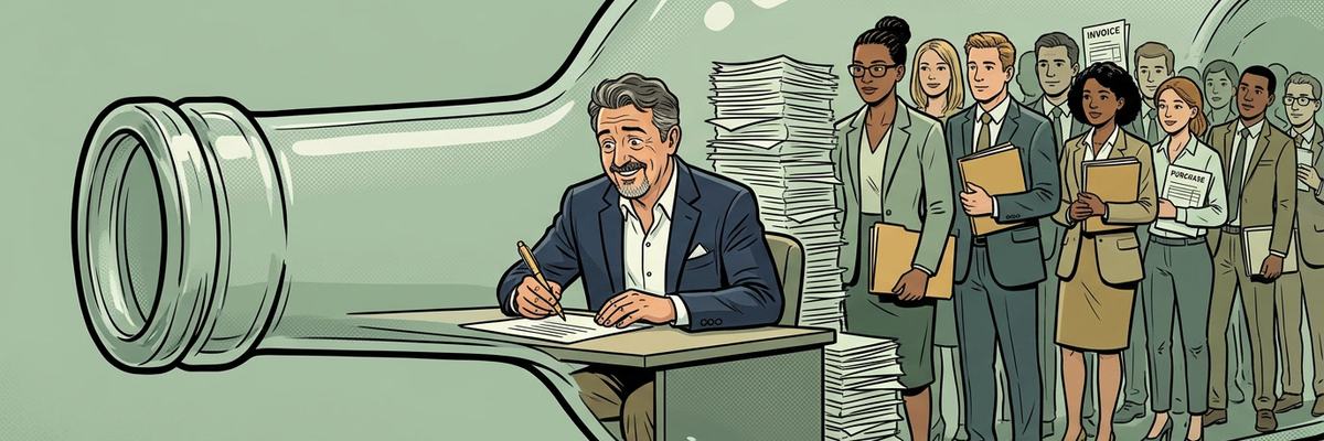 Illustration : un dirigeant de PME signe des documents à un petit bureau coincé dans le goulot d’une bouteille, pendant que ses collaborateurs attendent derrière lui avec factures et dossiers.