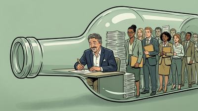 Illustration : un dirigeant de PME signe des documents à un petit bureau coincé dans le goulot d’une bouteille, pendant que ses collaborateurs attendent derrière lui avec factures et dossiers.