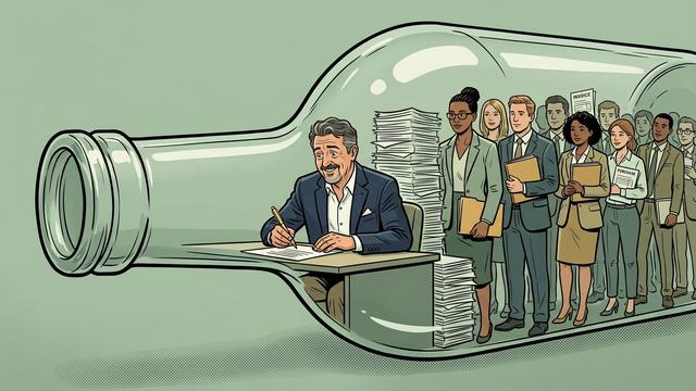 Illustration : un dirigeant de PME signe des documents à un petit bureau coincé dans le goulot d’une bouteille, pendant que ses collaborateurs attendent derrière lui avec factures et dossiers.