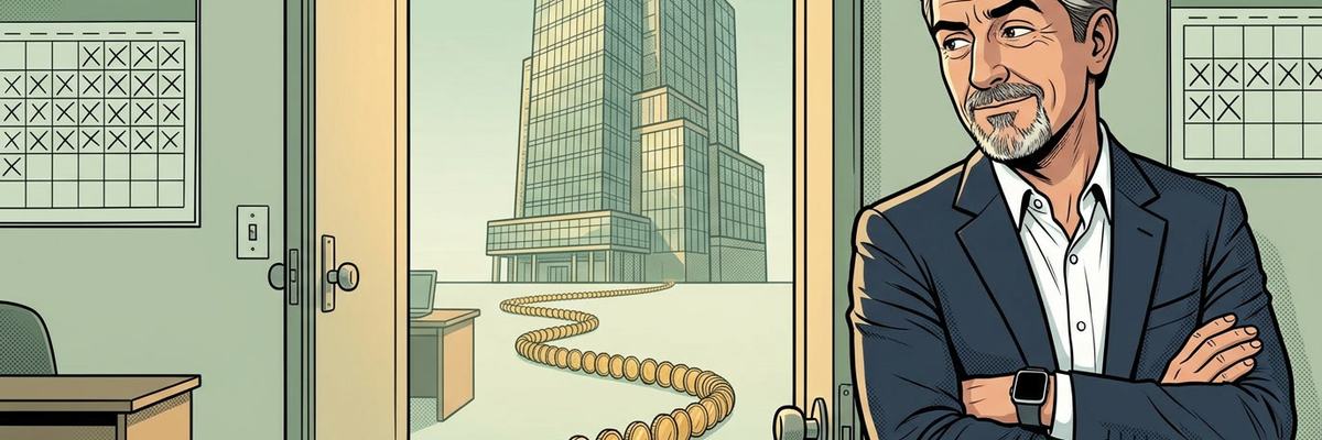 Illustration : un dirigeant de PME, bras croisés et sourcil levé, regarde une longue file de pièces d’or sortir de son bureau par la porte ouverte et rouler jusqu’à une grande tour de bureaux au loin. Aux murs, des calendriers aux jours barrés.