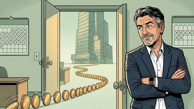 Illustration : un dirigeant de PME, bras croisés et sourcil levé, regarde une longue file de pièces d’or sortir de son bureau par la porte ouverte et rouler jusqu’à une grande tour de bureaux au loin. Aux murs, des calendriers aux jours barrés.
