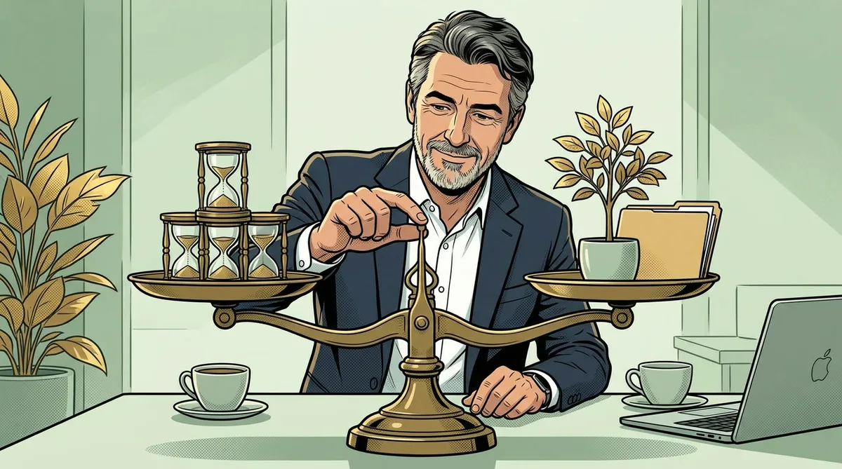 Illustration : un consultant derrière un étal de marché tend un sablier en laiton. Sur son étal, une rangée de sabliers. À côté, un second étal en cours d'installation ne porte qu'un paquet cadeau à ruban doré, qu'il regarde du coin de l'œil.